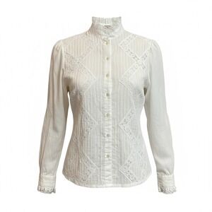 King James Vintage White Lace Trimmed Victorian Style Blouse Top Large Womens
